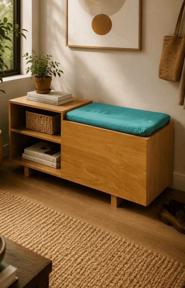 Wooden Storage Bench Cabinet With Cushion