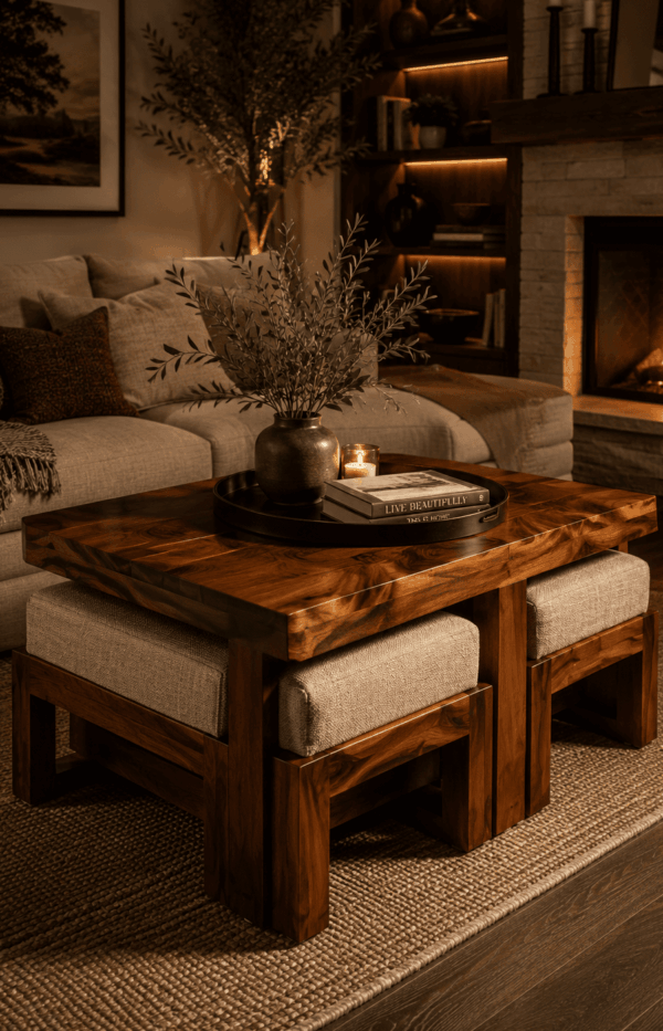 Belle Solid Wood Coffee Table With Stools