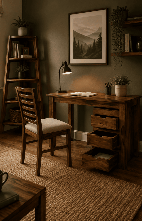 Alexa Study Table With Wooden Chair And Bookshelf