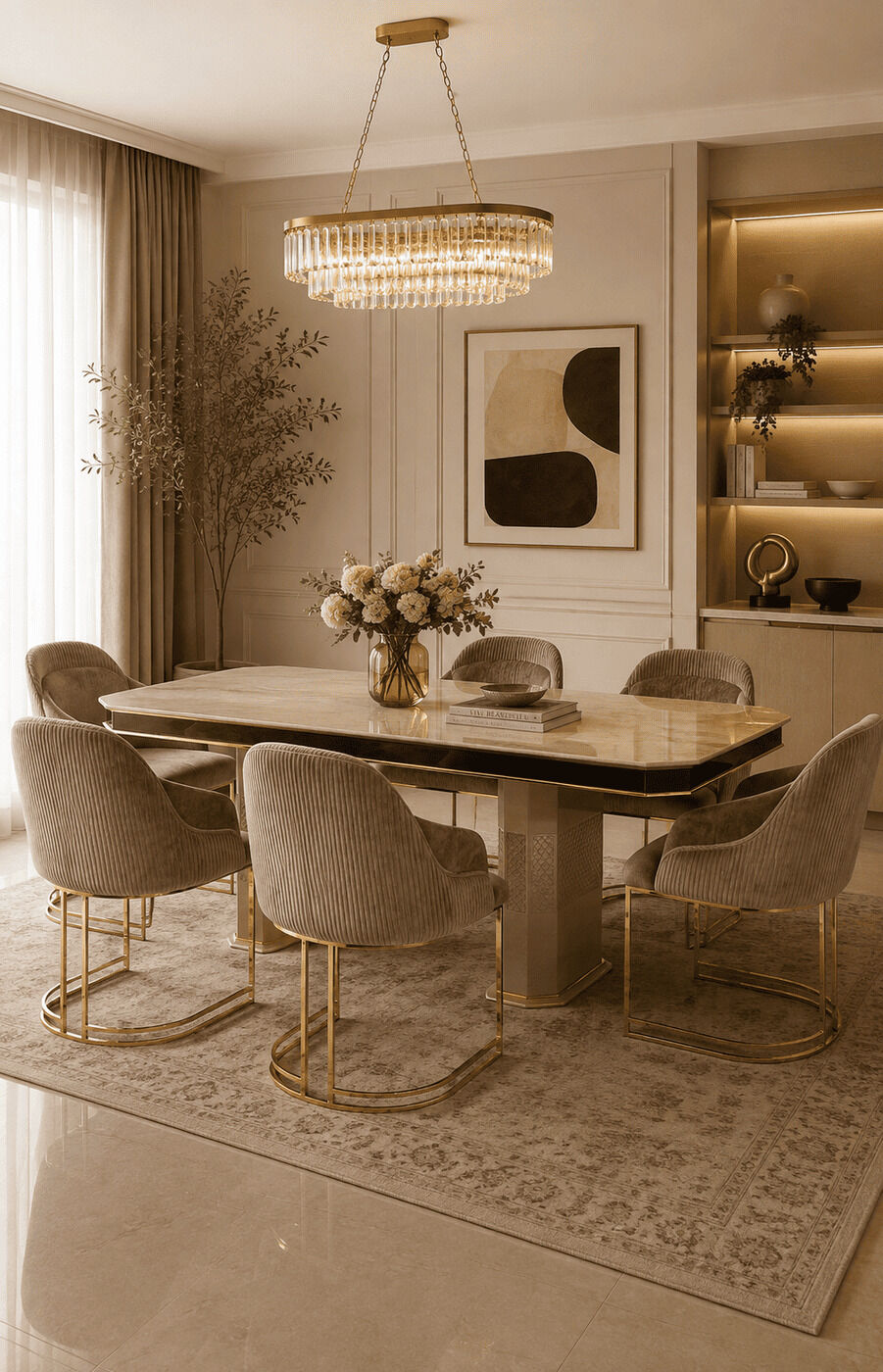 Enmobi Beige Dining Set + 6 Chairs