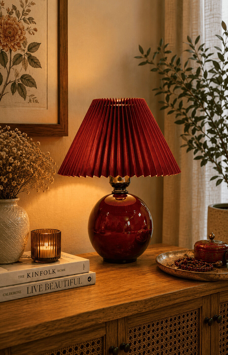 Burgundy Pleated Table Lamp