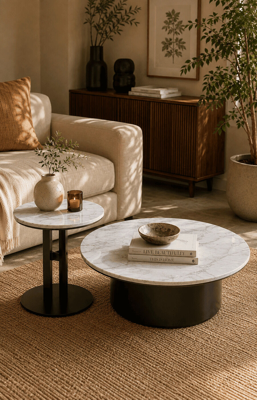 Marble Finish Round Tepoy Set
