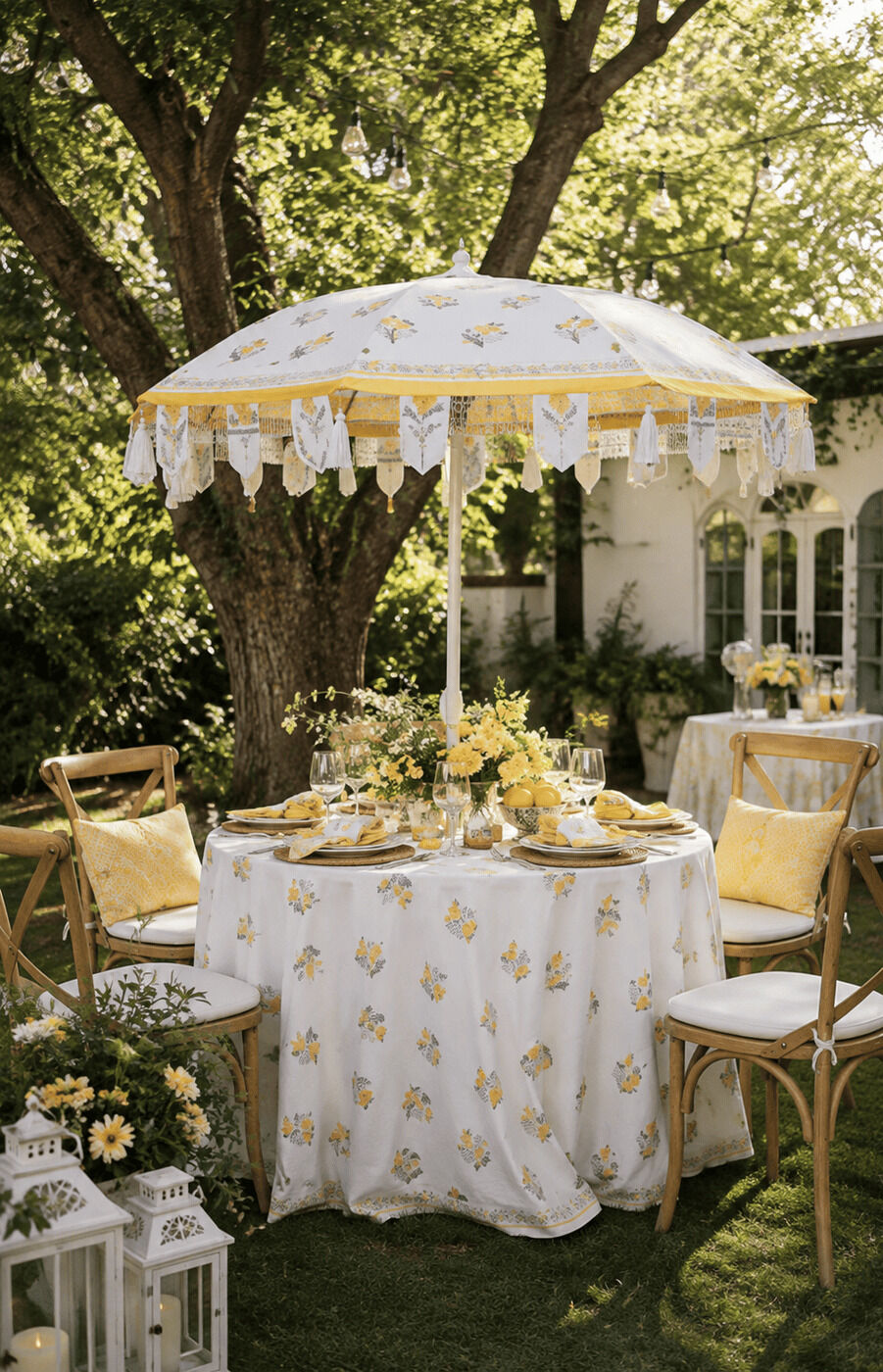 Printed Yellow Umbrella With Round Table + Overlay