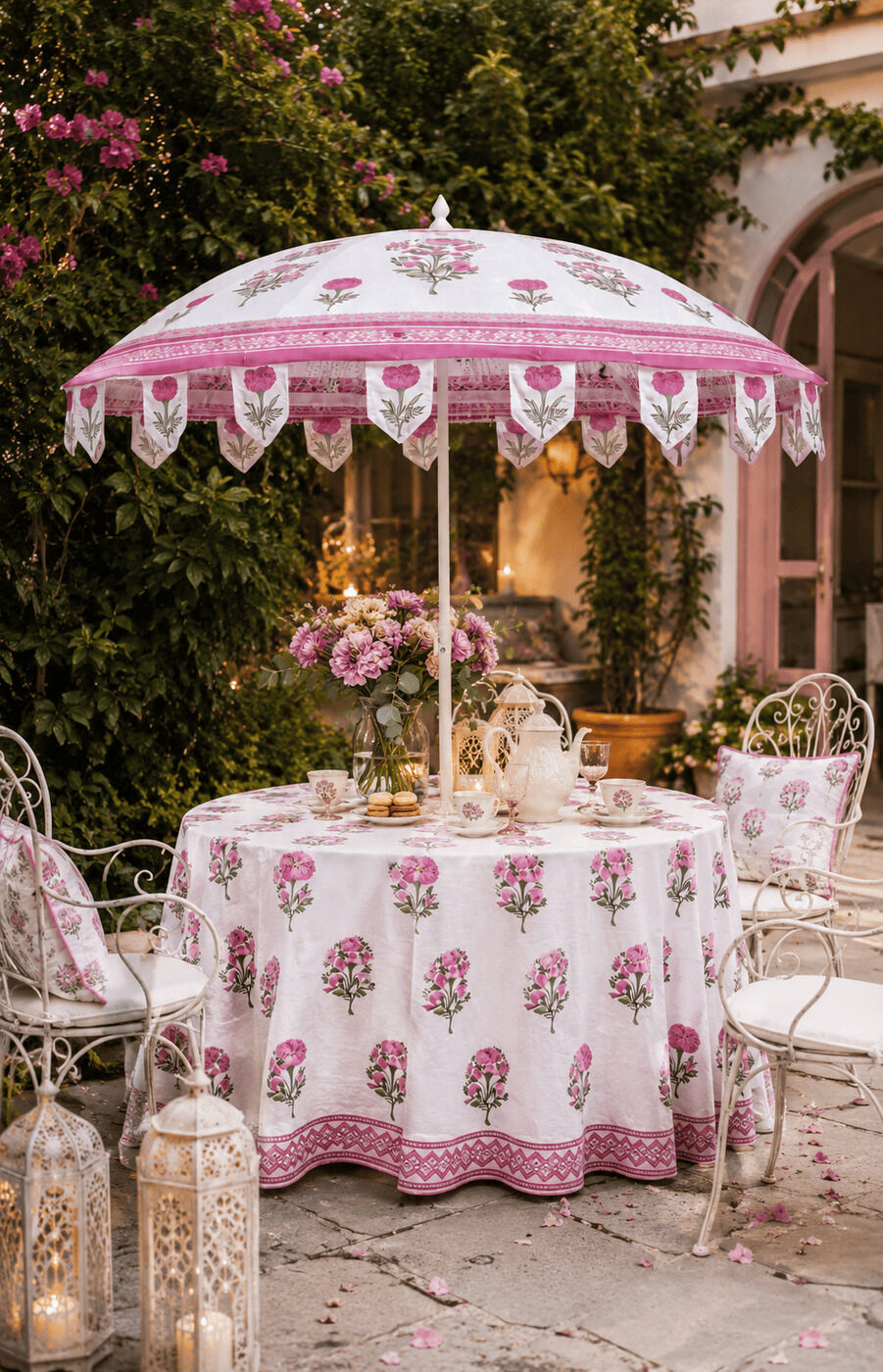 Printed Pink Umbrella With Round Table + Overlay