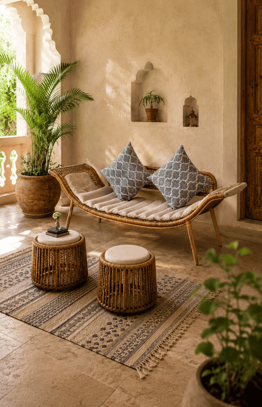 Lazy Wicker Lounger With Puffies