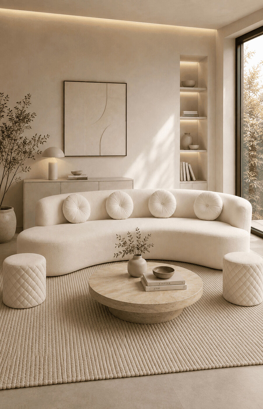 Ivory Wavy Sofa With Puffies Set