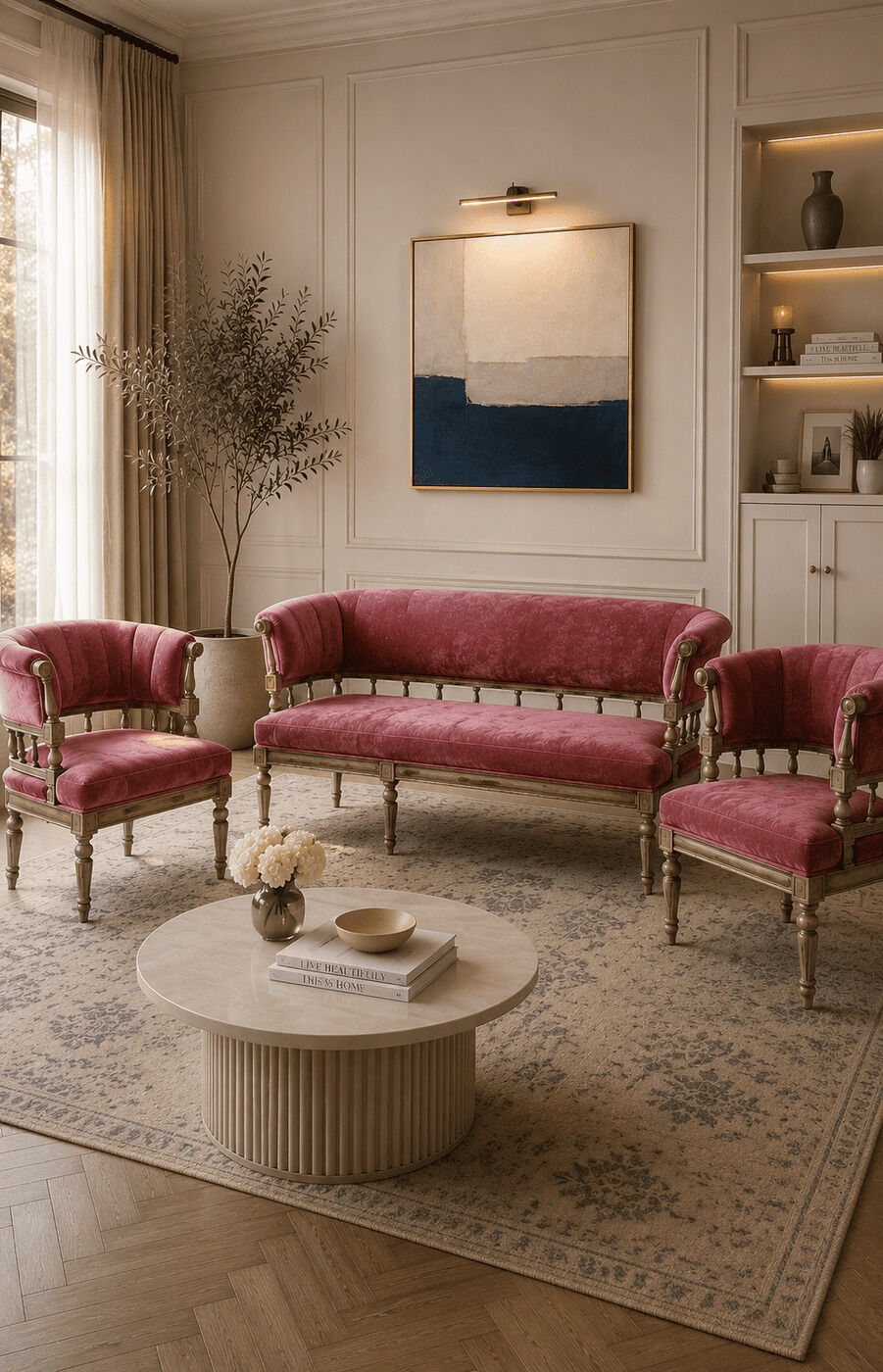 German Silver Pink Sofa Set (3+1+1)