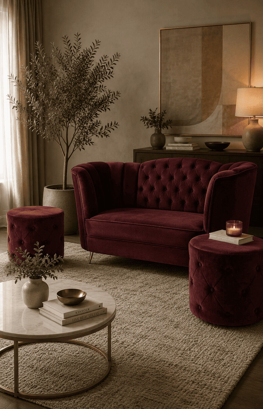 Royal Maroon Couple Sofa With Puffies