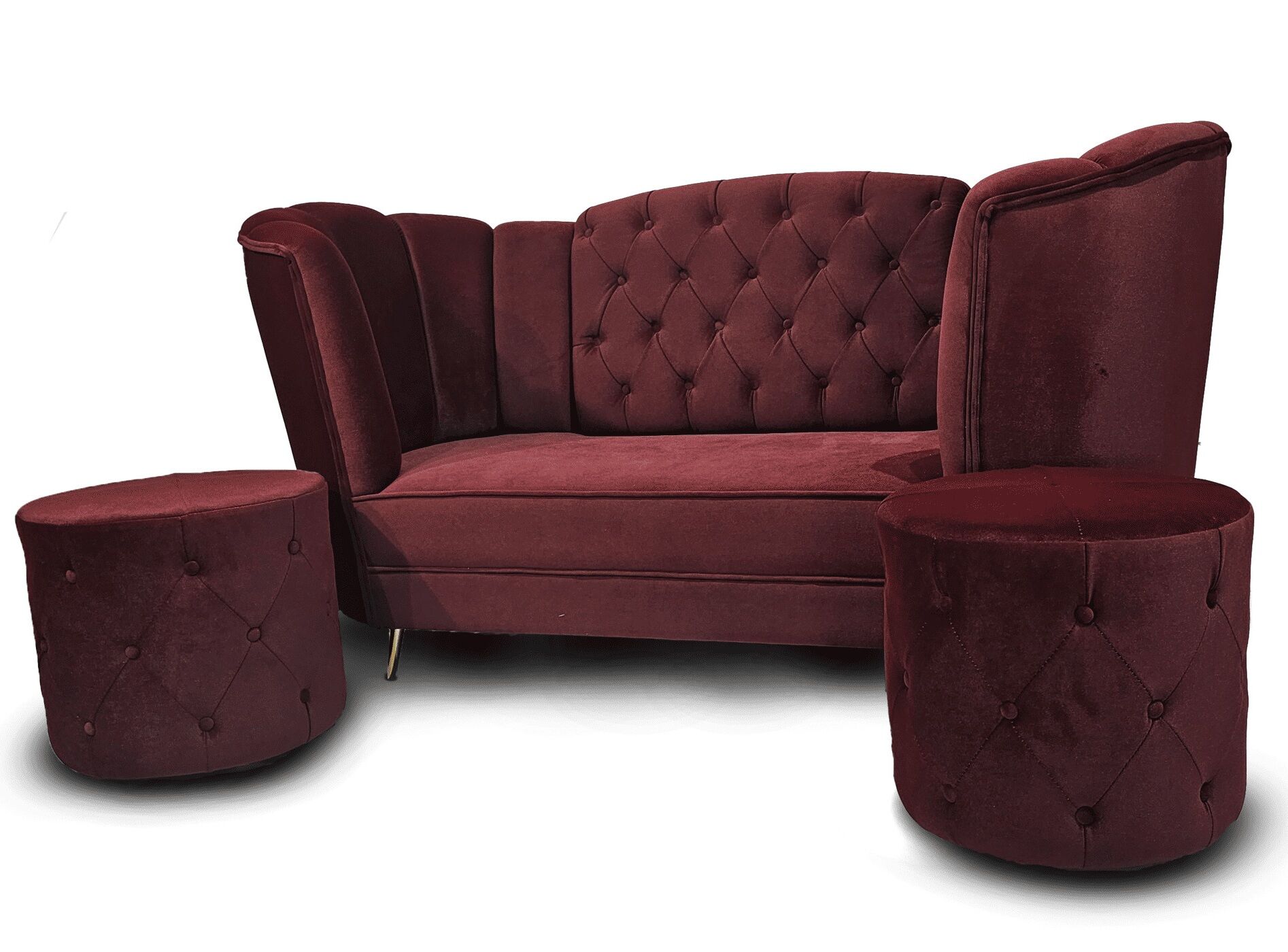 Royal Maroon Couple Sofa With Puffies - Image 2