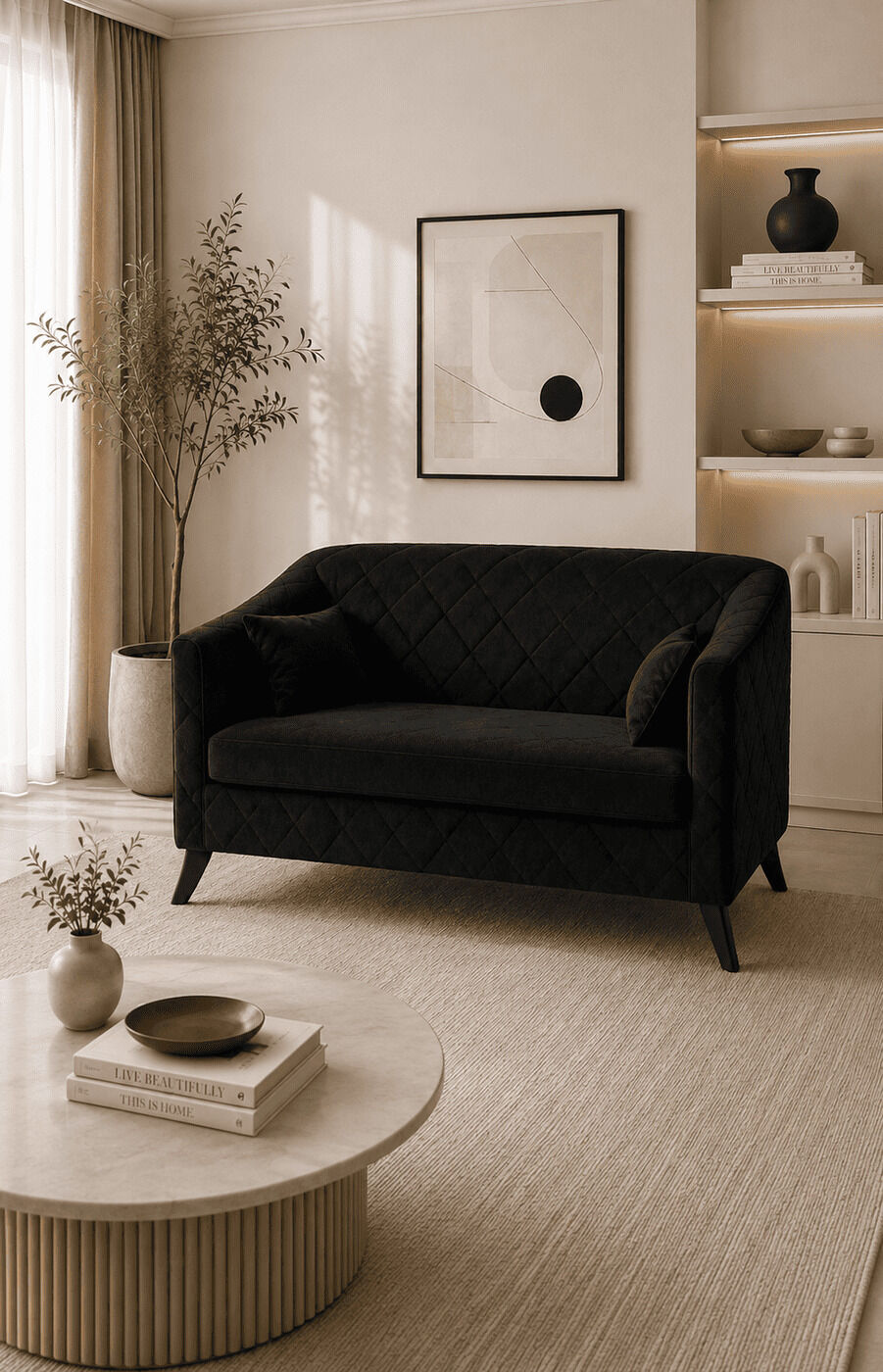 Black Velvet Couple Sofa with Gold trim