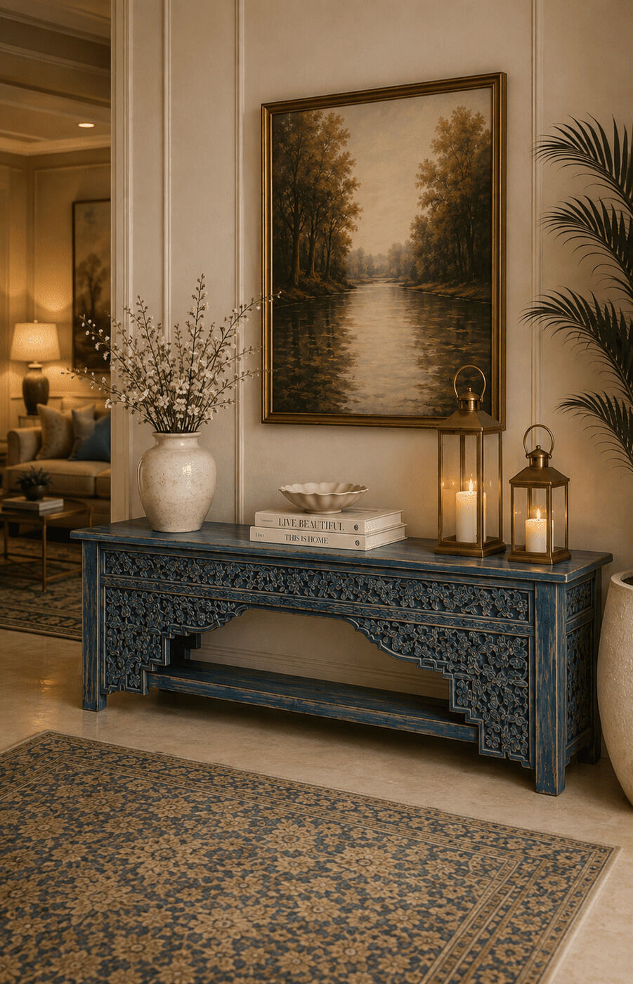 Blue Carved Console Table